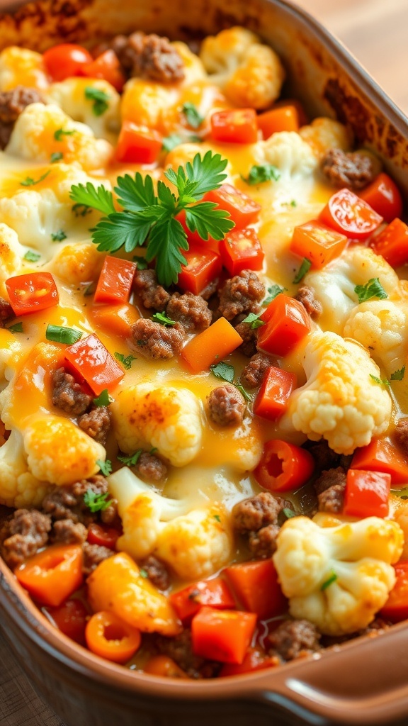 A hearty cauliflower hamburger casserole with ground beef, cheese, and tomatoes, garnished with parsley in a baking dish.